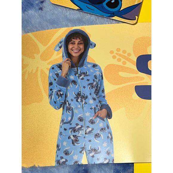 Disney Stitch One‑Piece Pajama Hooded Fleece Soft Jumpsuit Blue Adult Size S NWT - Picture 2 of 9